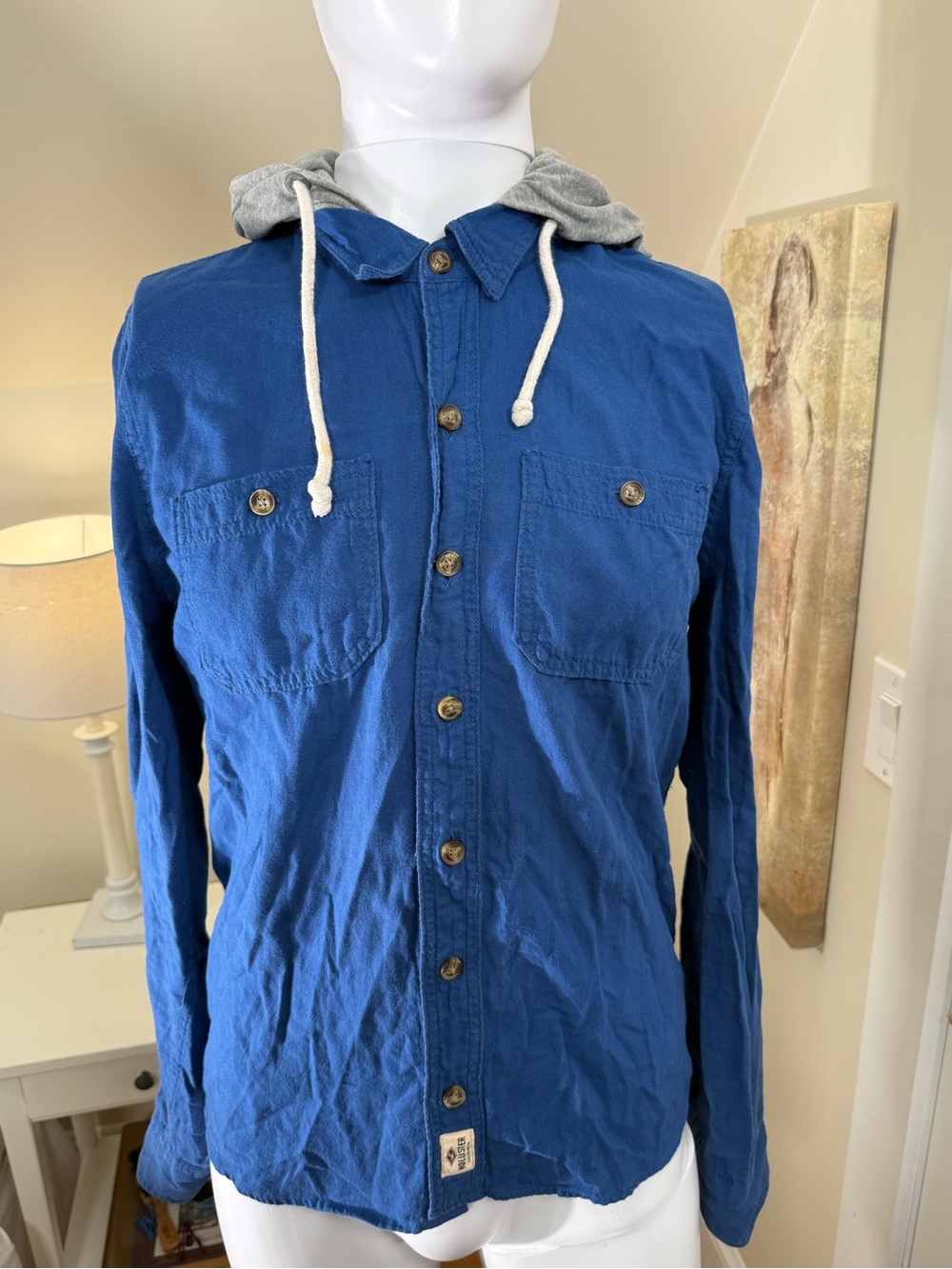Hollister Hooded Button Up Shirt Blue Gray Hood Men’s Medium Cotton Casual